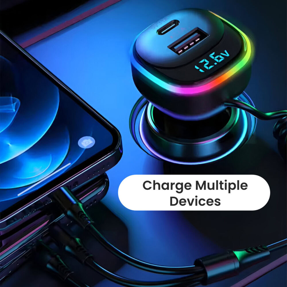 Car Charger Mobil 5-in-1 65W Quick Charge PD PPS Built-in Coil Cable + LED Voltage Meter + LED Ambience Lighting - Image 2