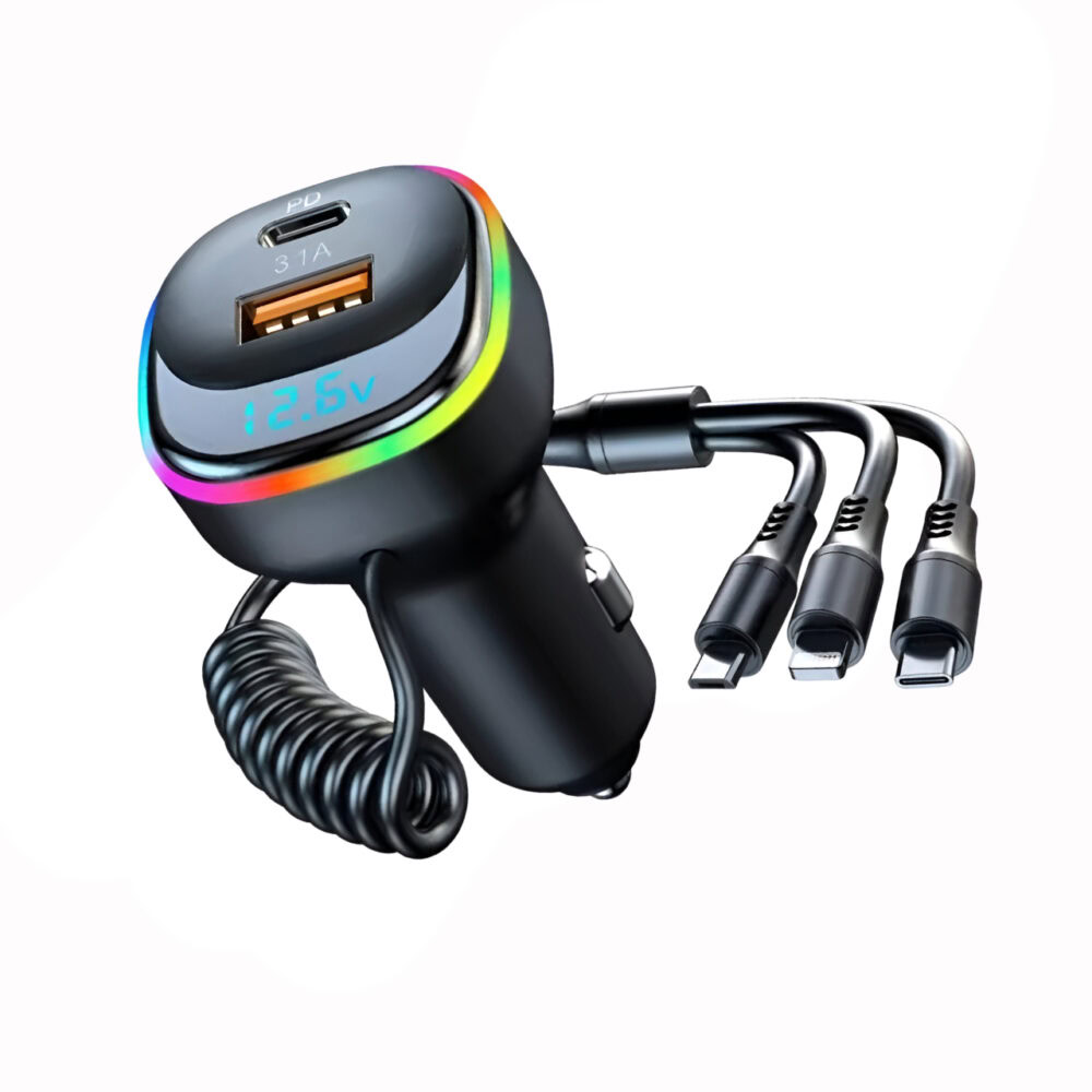 Car Charger Mobil 5-in-1 65W Quick Charge PD PPS Built-in Coil Cable + LED Voltage Meter + LED Ambience Lighting