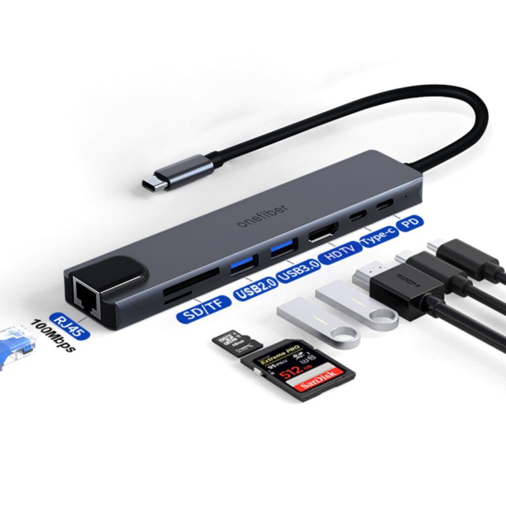 USB Hub OTG USB Type-C to RJ45, HDMI, SD/TF Card Reader, 2 Port USB-A + 2 Port USB Type-C - Image 2
